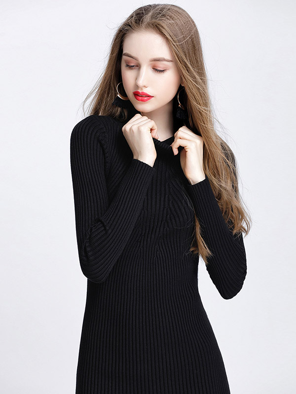 Black Roll Neck Ribbed Style Knit Mini Dress