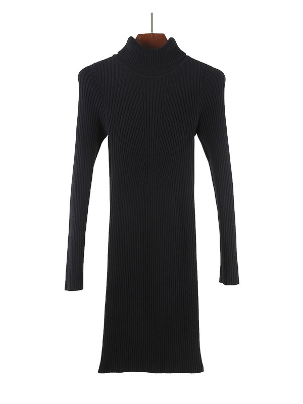 Black Roll Neck Ribbed Style Knit Mini Dress