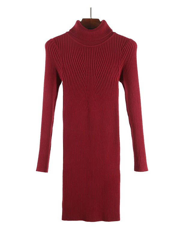 Burgundy Roll Neck Ribbed Style Knit Mini Dress