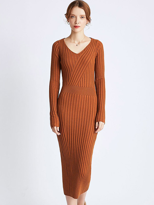 Brown V Neck Ribbed Style Knit Maxi Dress