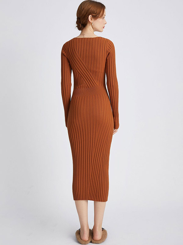 Brown V Neck Ribbed Style Knit Maxi Dress