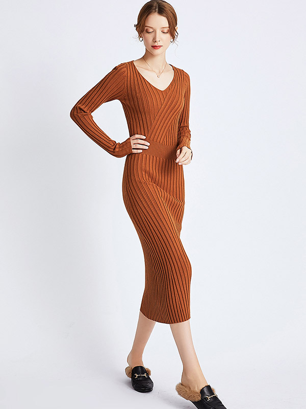 Brown V Neck Ribbed Style Knit Maxi Dress