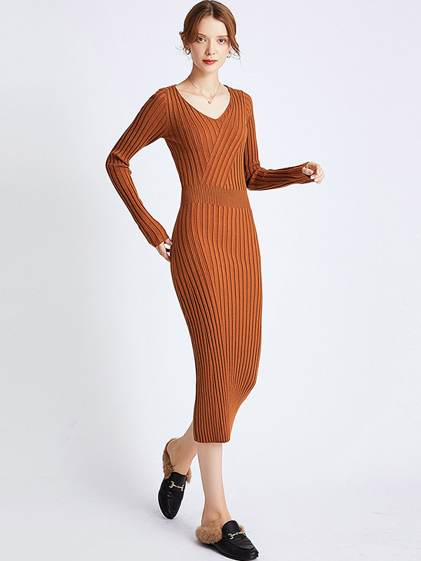 Brown V Neck Ribbed Style Knit Maxi Dress