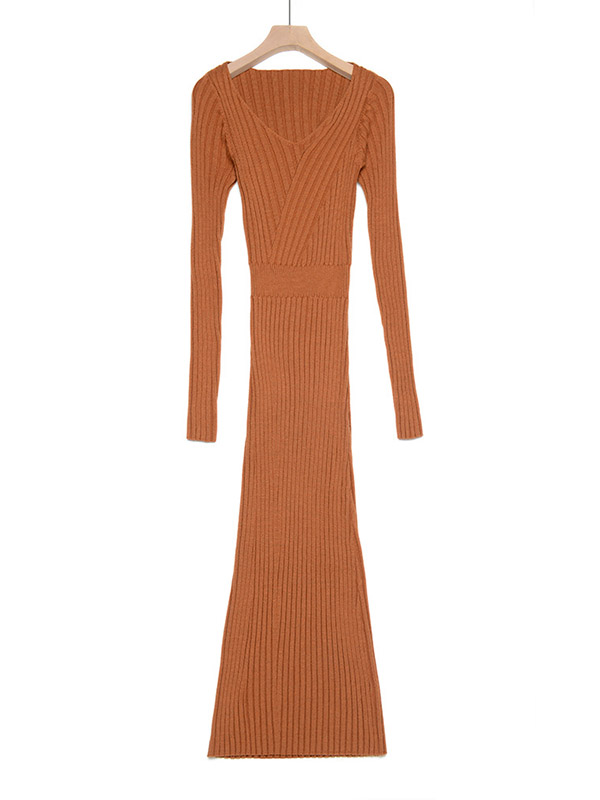 Brown V Neck Ribbed Style Knit Maxi Dress