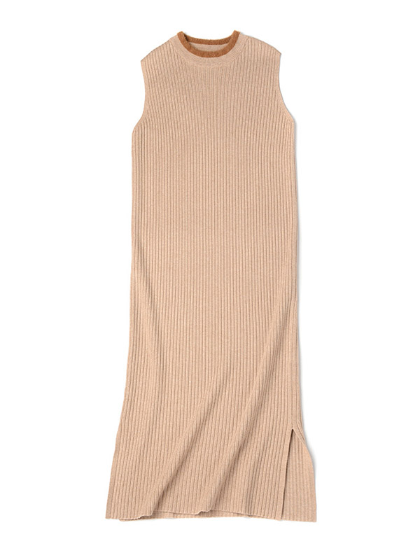 Khaki Crew Neck Ribbed Style Sleeveless Knit Dress