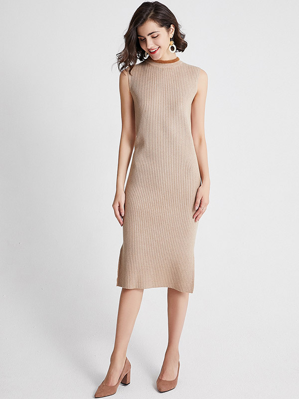 Khaki Crew Neck Ribbed Style Sleeveless Knit Dress