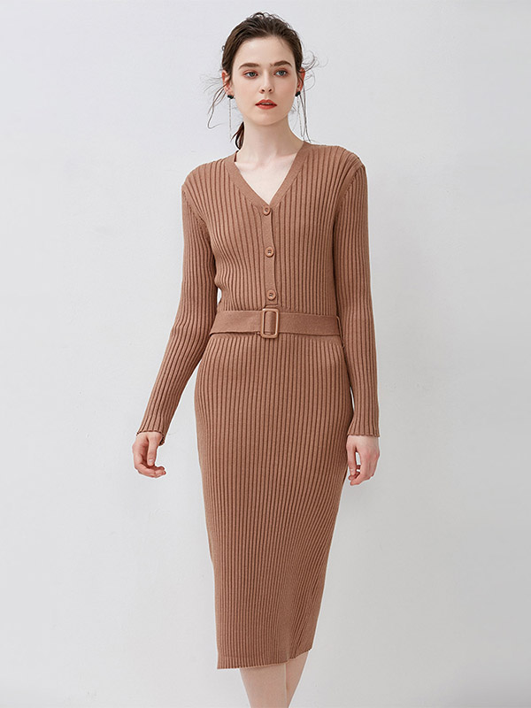 Khaki V Neck Ribbed Style Belted Waist Pencil Dress