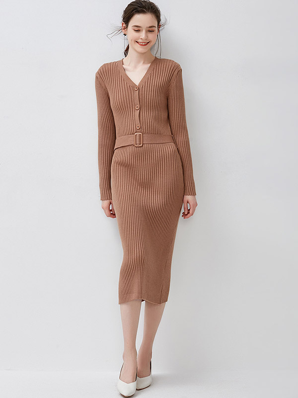 Khaki V Neck Ribbed Style Belted Waist Pencil Dress