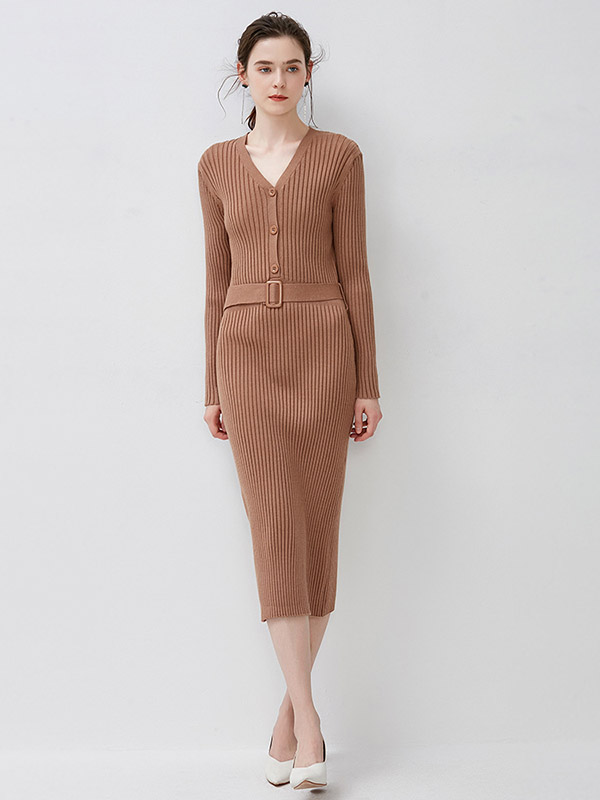 Khaki V Neck Ribbed Style Belted Waist Pencil Dress