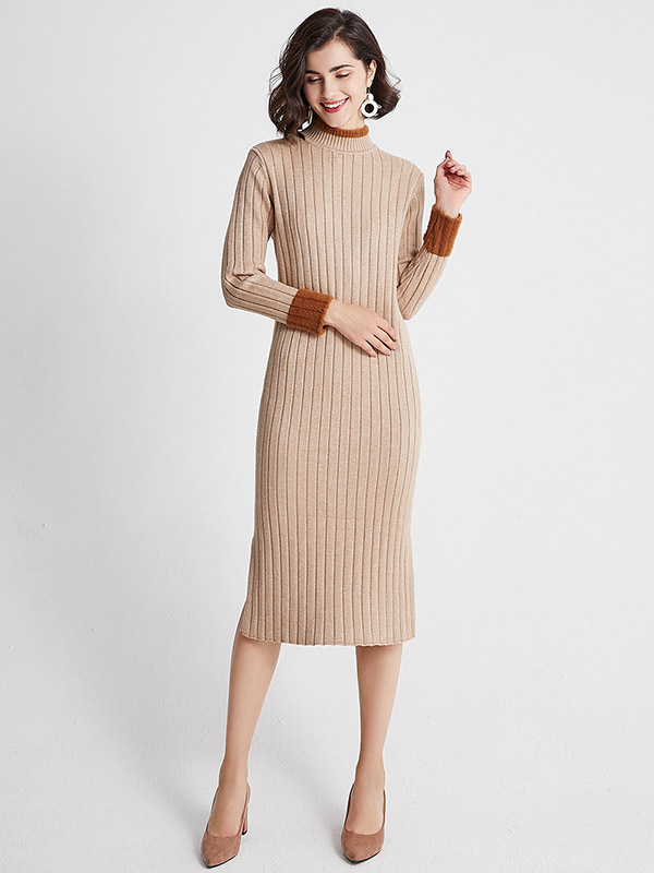 Khaki Crew Neck Ribbed Style Split Knit Dress