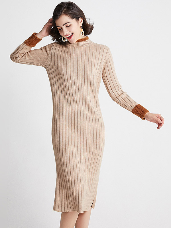 Khaki Crew Neck Ribbed Style Split Knit Dress