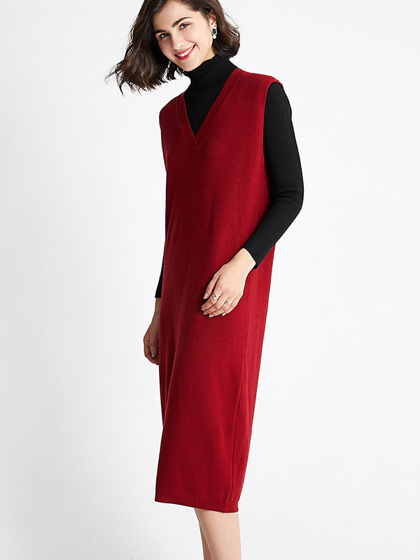 Red V Neck Vest Knit Dress