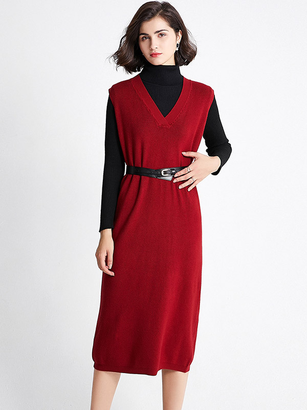 Red V Neck Vest Knit Dress