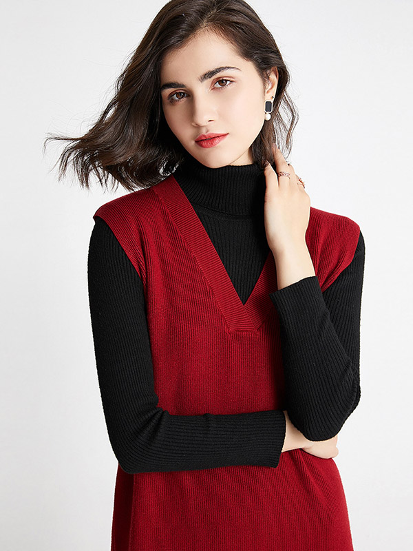 Red V Neck Vest Knit Dress