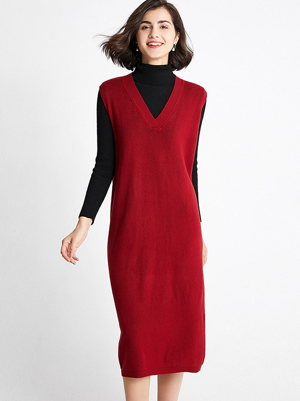 Red V Neck Vest Knit Dress