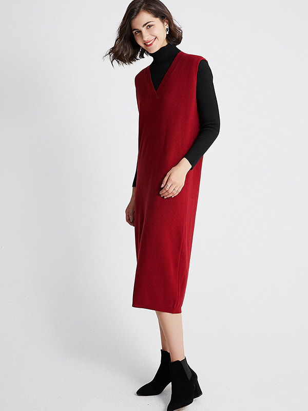 Red V Neck Vest Knit Dress