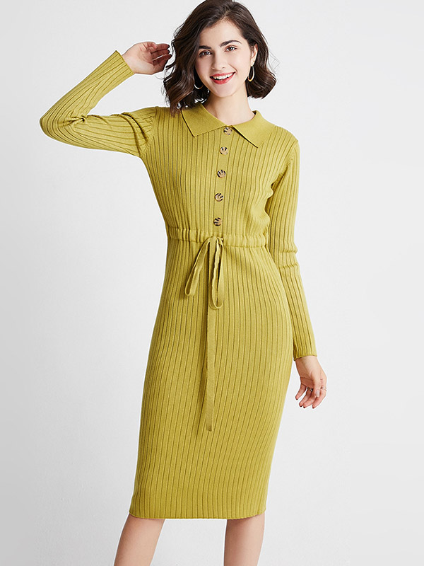 Green Polo Collar Tie Waist Knit Dress