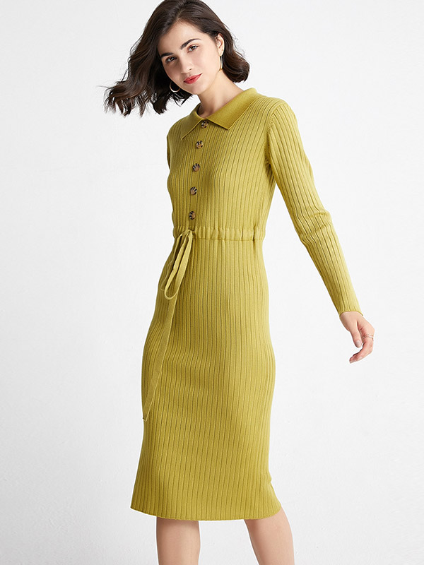 Green Polo Collar Tie Waist Knit Dress