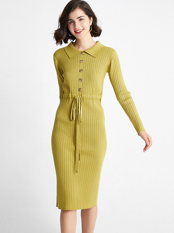 Green Polo Collar Tie Waist Knit Dress