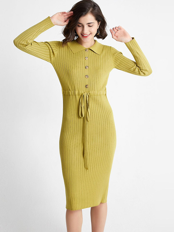 Green Polo Collar Tie Waist Knit Dress