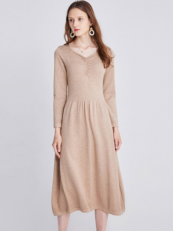 Khaki V-neck A-line Knitted Dress