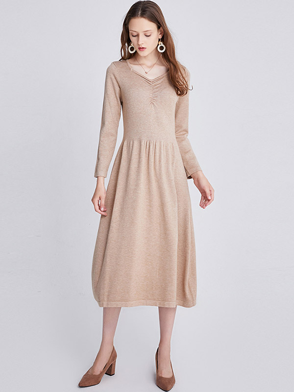 Khaki V-neck A-line Knitted Dress