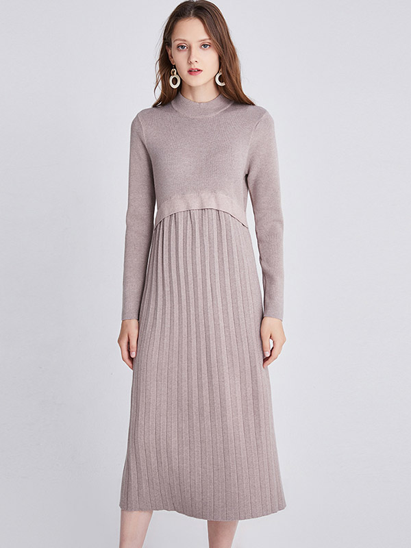 Khaki Round Neck A-line Knitted Dress