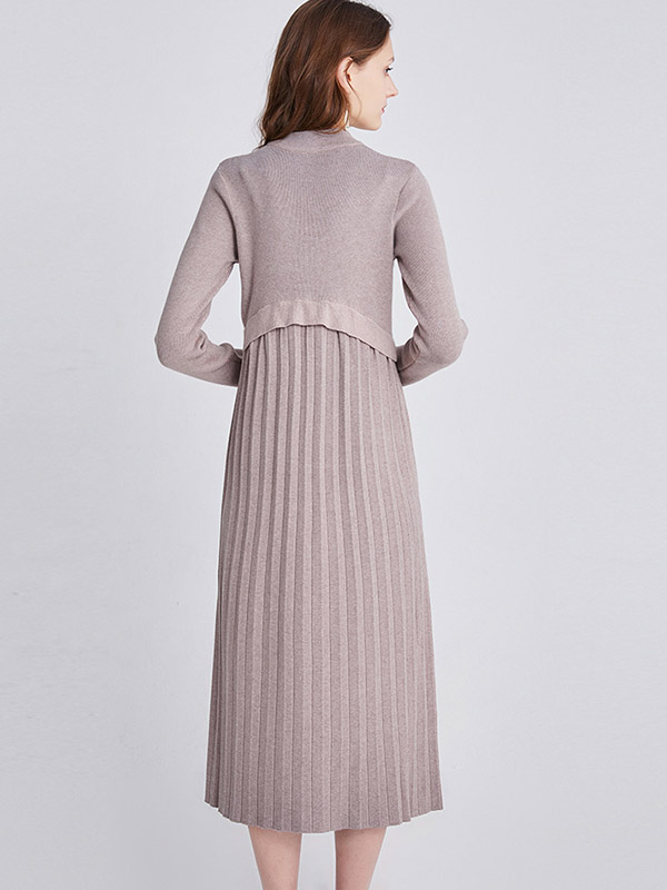 Khaki Round Neck A-line Knitted Dress