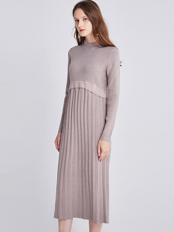 Khaki Round Neck A-line Knitted Dress