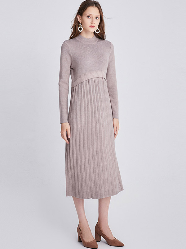 Khaki Round Neck A-line Knitted Dress