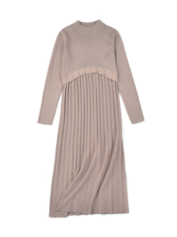 Khaki Round Neck A-line Knitted Dress