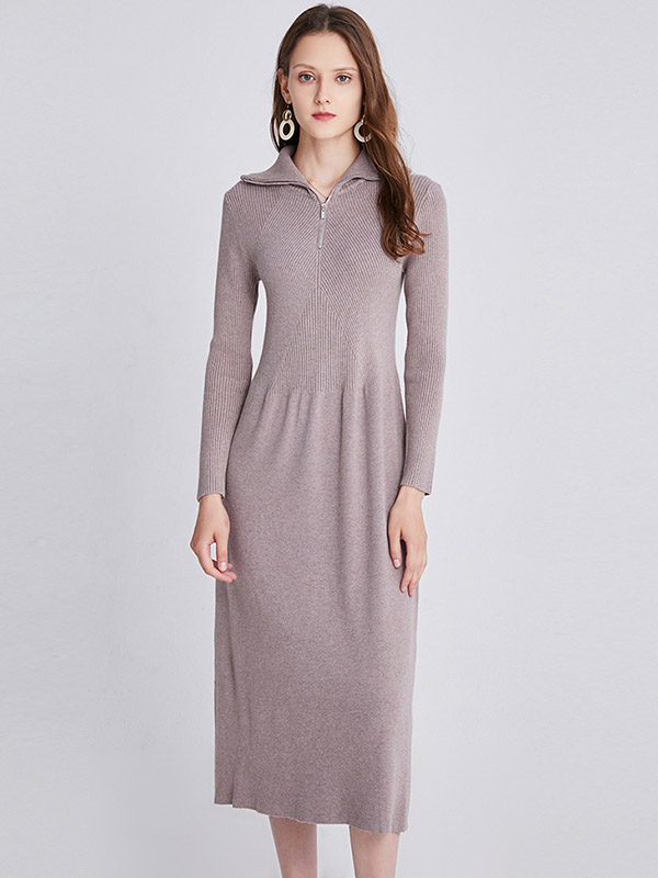 Khaki Turn-down Collar A-line Knitted Dress