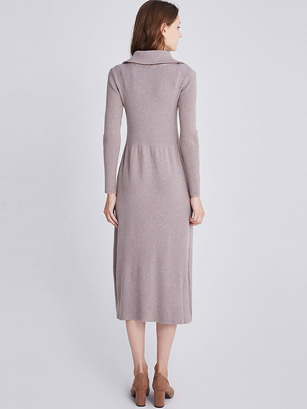 Khaki Turn-down Collar A-line Knitted Dress