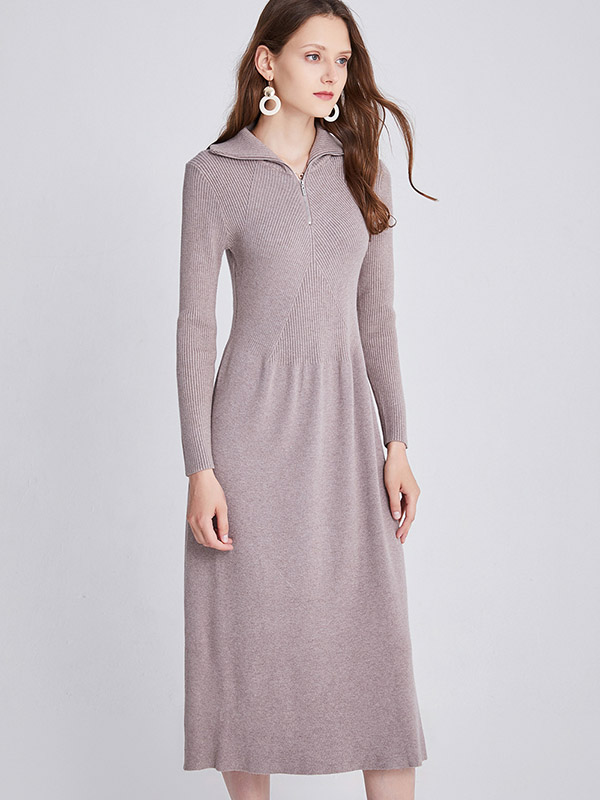 Khaki Turn-down Collar A-line Knitted Dress