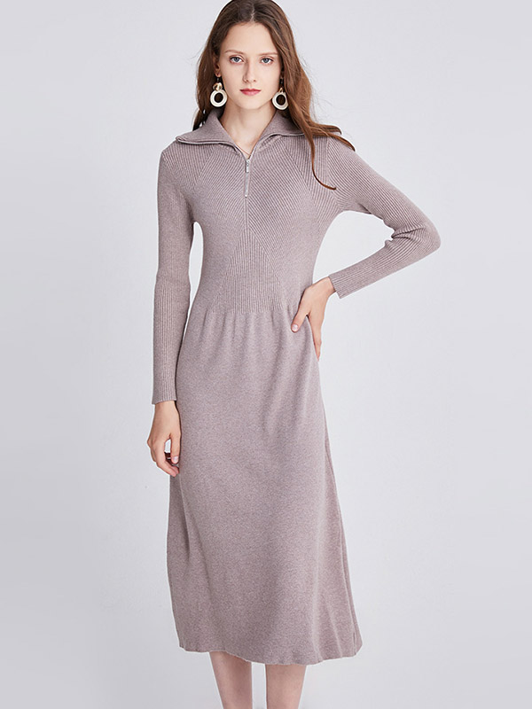 Khaki Turn-down Collar A-line Knitted Dress