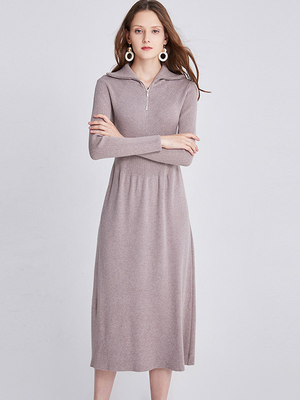 Khaki Turn-down Collar A-line Knitted Dress