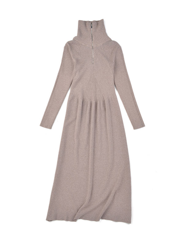 Khaki Turn-down Collar A-line Knitted Dress