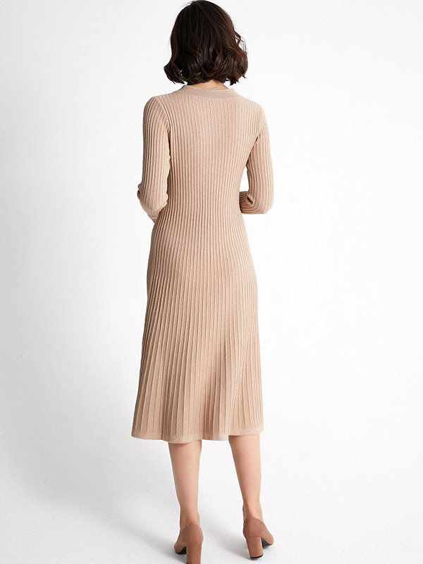 Khaki V Neck A-line Knitted Midi Dress with Button