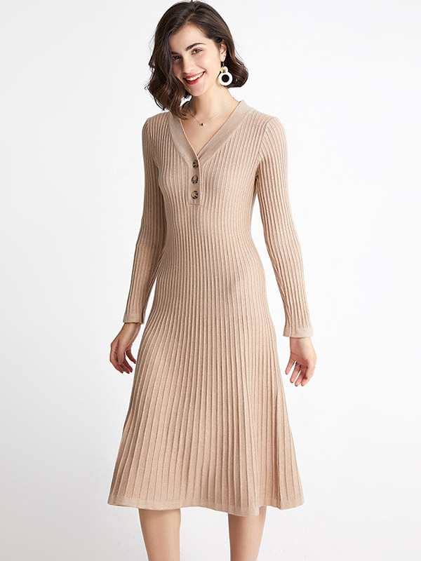 Khaki V Neck A-line Knitted Midi Dress with Button