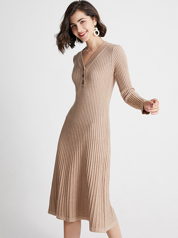 Khaki V Neck A-line Knitted Midi Dress with Button