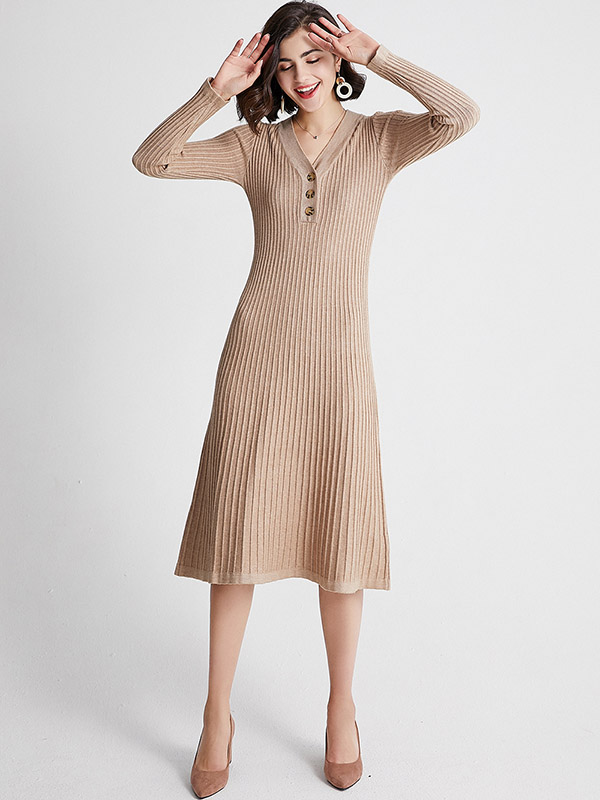 Khaki V Neck A-line Knitted Midi Dress with Button