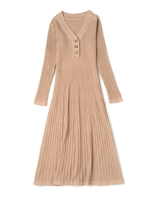 Khaki V Neck A-line Knitted Midi Dress with Button