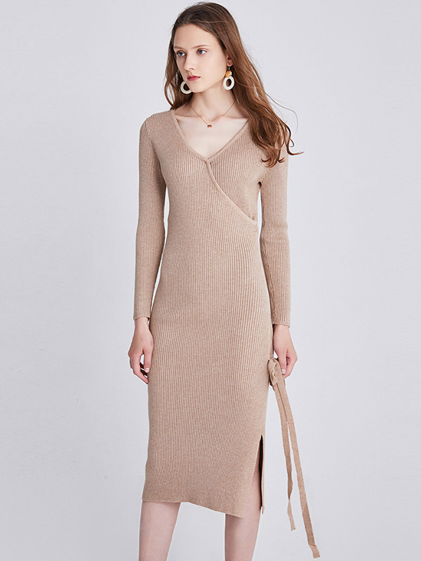 Khaki V Neck Tie Waist Knitted Bodycon Dress