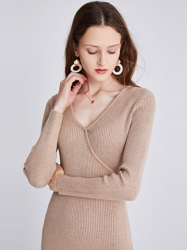 Khaki V Neck Tie Waist Knitted Bodycon Dress