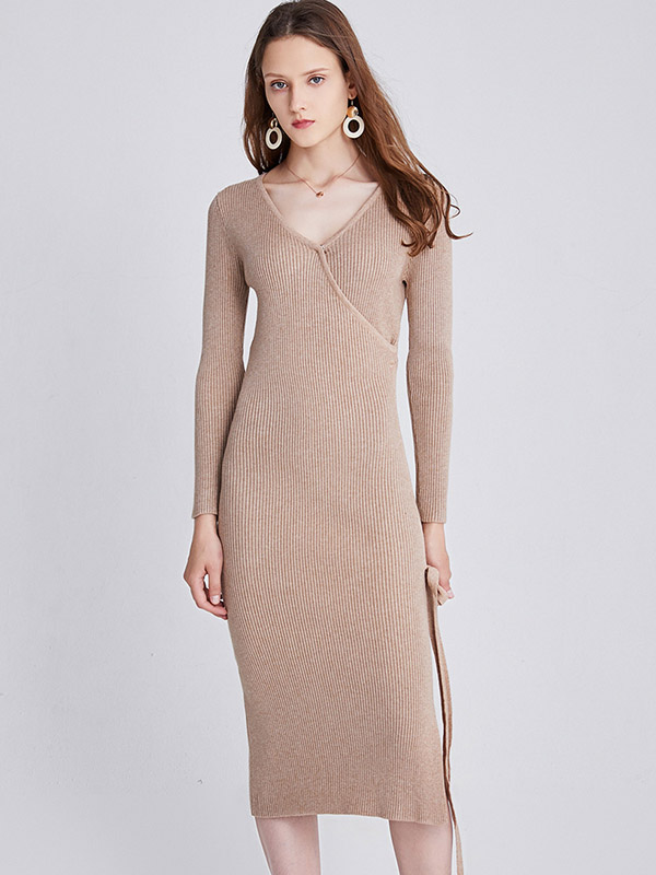 Khaki V Neck Tie Waist Knitted Bodycon Dress