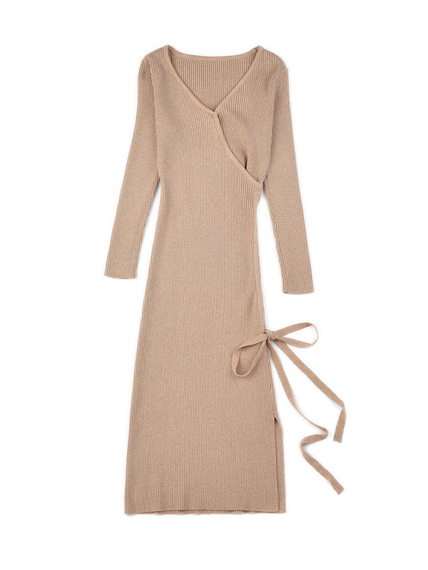 Khaki V Neck Tie Waist Knitted Bodycon Dress