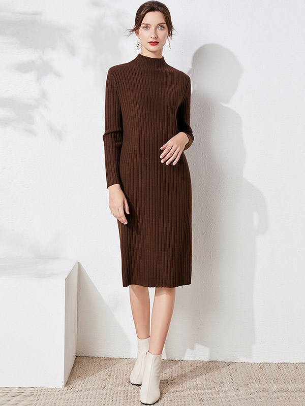 Brown High Neck Knit Dress