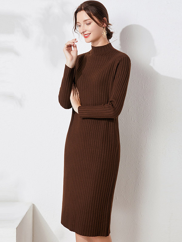 Brown High Neck Knit Dress