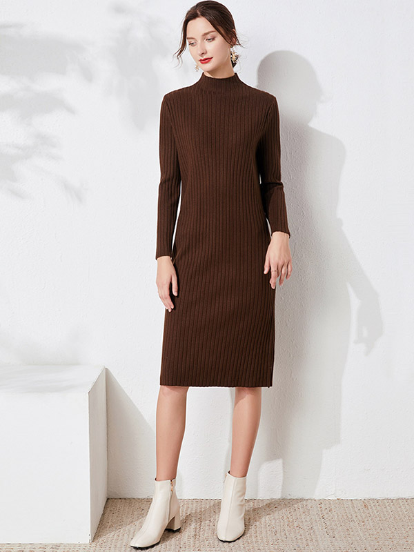 Brown High Neck Knit Dress