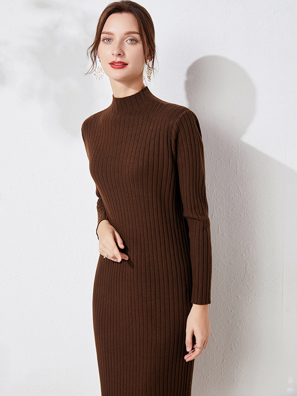 Brown High Neck Knit Dress